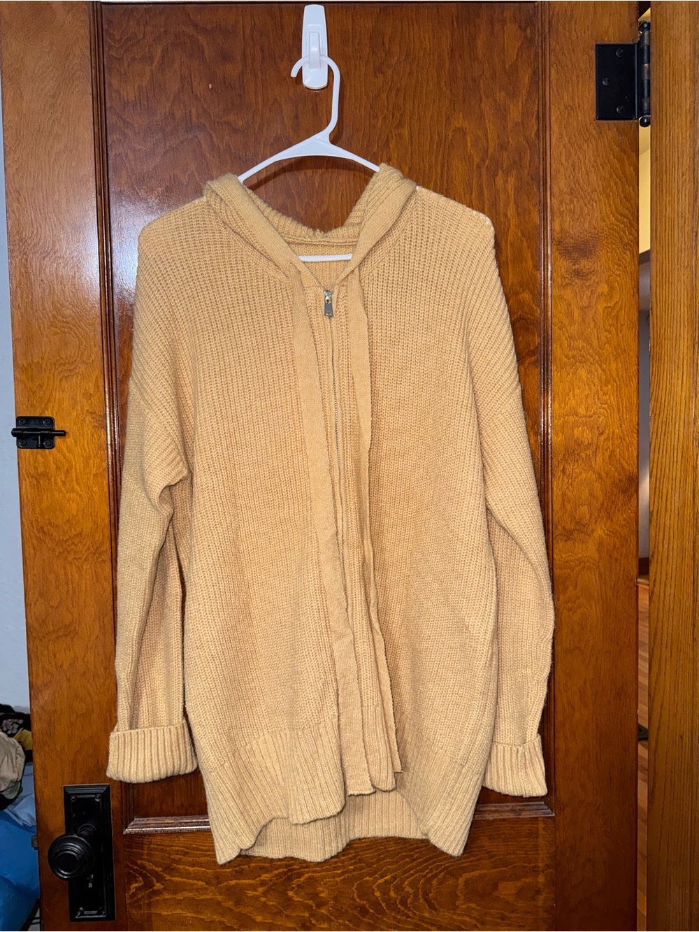 Cozy Hooded Zip-Front Sweater Cardigan in Camel